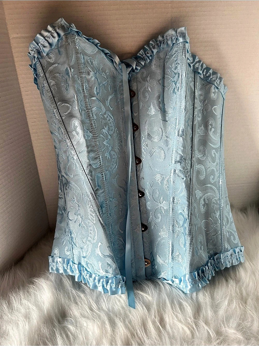 Solid Blue Floral Lace-Up Corset Top
